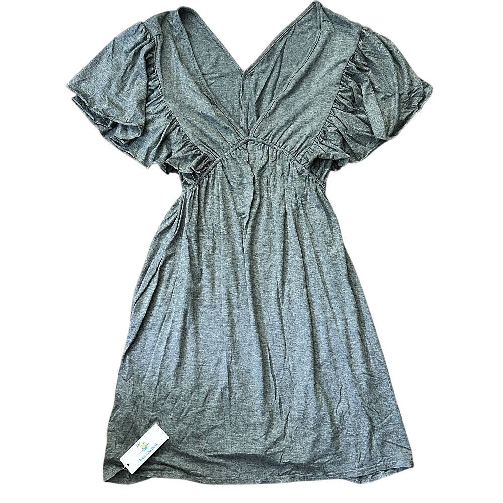 NWT Beachsissi Ruffled Sleeve V-Neck Jersey Knit Gray Mini Dress Small